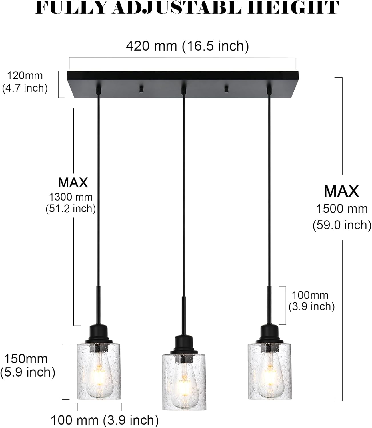 Modern 3-Light Pendant Island Light Fixture Black Ceiling Hanging Lights with Clear Seeded Glass and Adjustable Cord,Industrial Pendant Lighting for Kitchen Living Room Dining Room Foyer