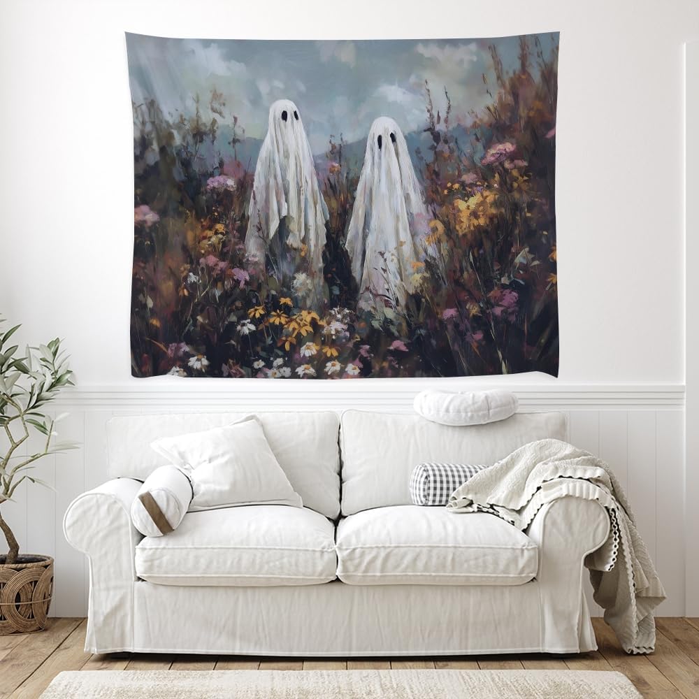 Halloween Ghosts in Wildflowers Tapestry Wall Hanging Spooky Cute Ghost Floral Tapestries Victoria Moody Artwork Aesthetic Print for Goth Living Room Bedroom wall Decor 50x60inch