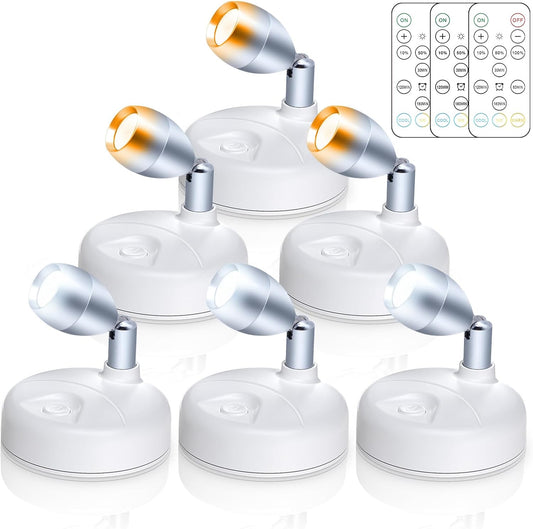 Small Battery Operated Spotlights Indoor with Remote Flicker-Free 60 Lumens Dimmable Warm/Neutral/Cool White 3 Mode Wireless Mini Up Lights for Accent Wall, Art Display, Picture, 6 Pack