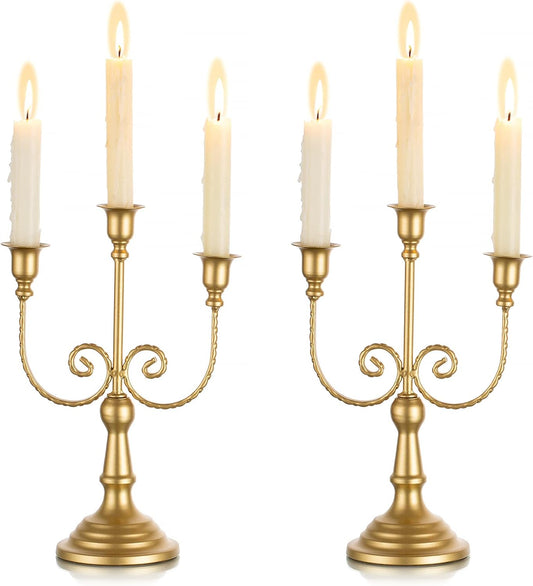Sziqiqi Gold Taper Candle Holder for Centerpiece - 3-stem Candlesticks Holder for Wedding Table Centerpieces Metal Candle Stick Holders for Fireplace Mantle 2pcs