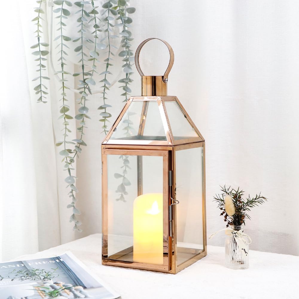 JHY Design Rose Gold Decorative Lanterns 16 inch High Stainless Steel Candle Lanterns with Tempered Glass for Indoor Outdoor Events Parities and Weddings