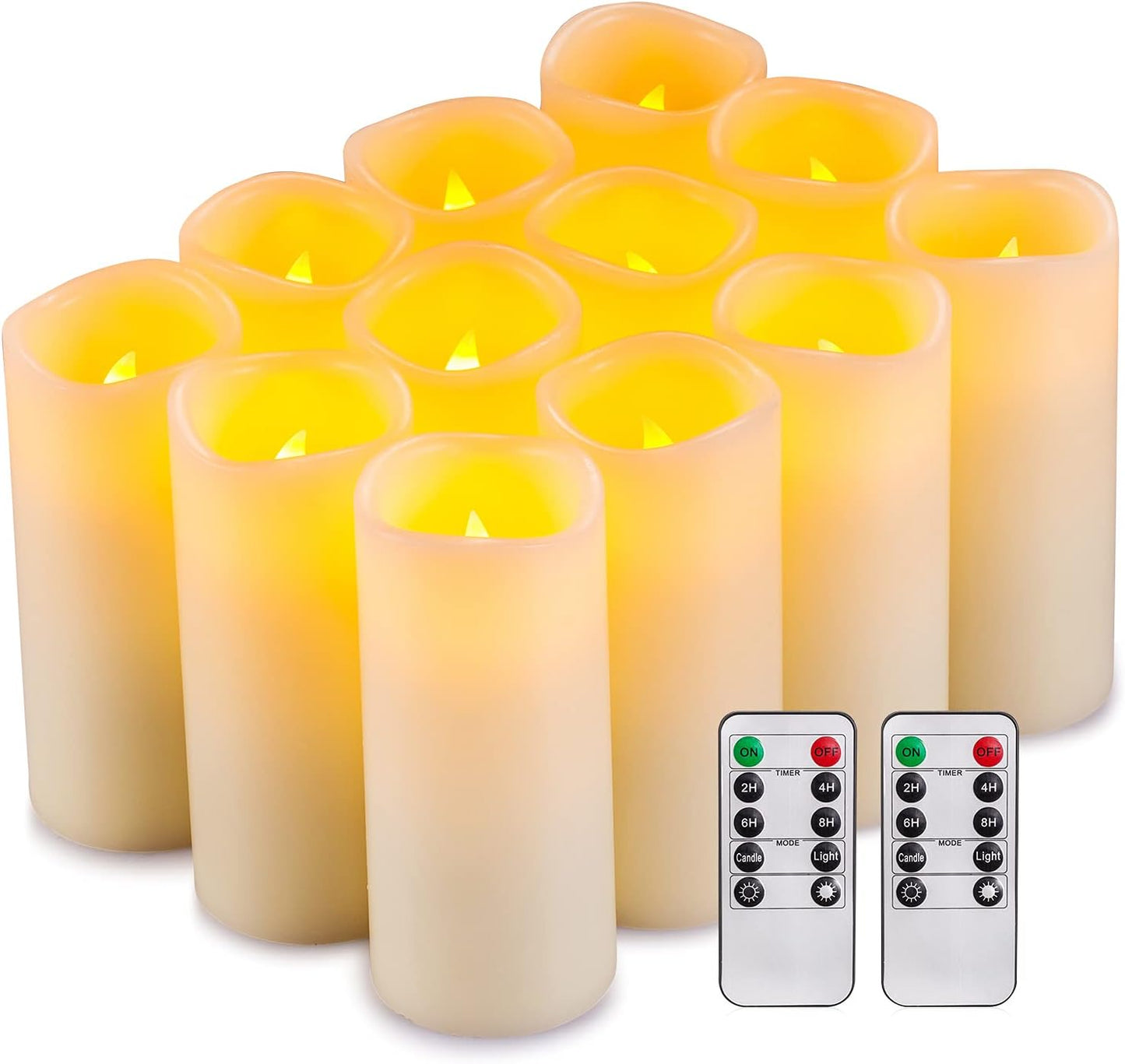 Flameless Candles Flickering LED Candles Set of 12 (D:2.2" X H:5") Ivory Real Wax Pillar Battery Opeated Candles with 10-Key Remote and Cycling 24 Hours Timer