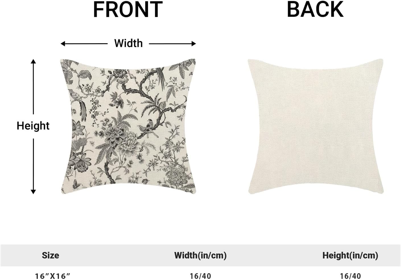 CXMEIFLY Spring Floral Birds Pillow Covers 16 x 16 Inch Set of 2 for Chinoiserie Flowers Decor Throw Pillows Black and White Plant Outdoor Decorative Cushion Cases for Couch Bed Decorations