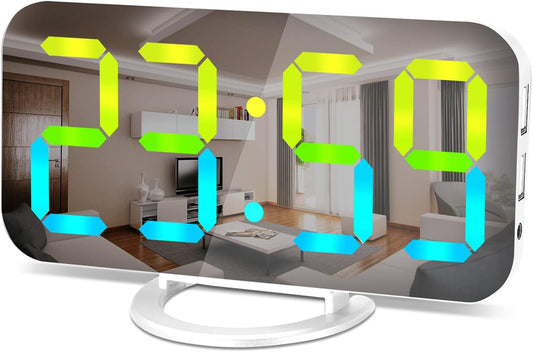SZELAM Digital Alarm Clock,LED RGB Colorful Clocks,with Mirror Surface Large Display,2 USB Charger Ports,Auto Dimming,Modern Desk Clock for Bedroom Home Office Decor- White