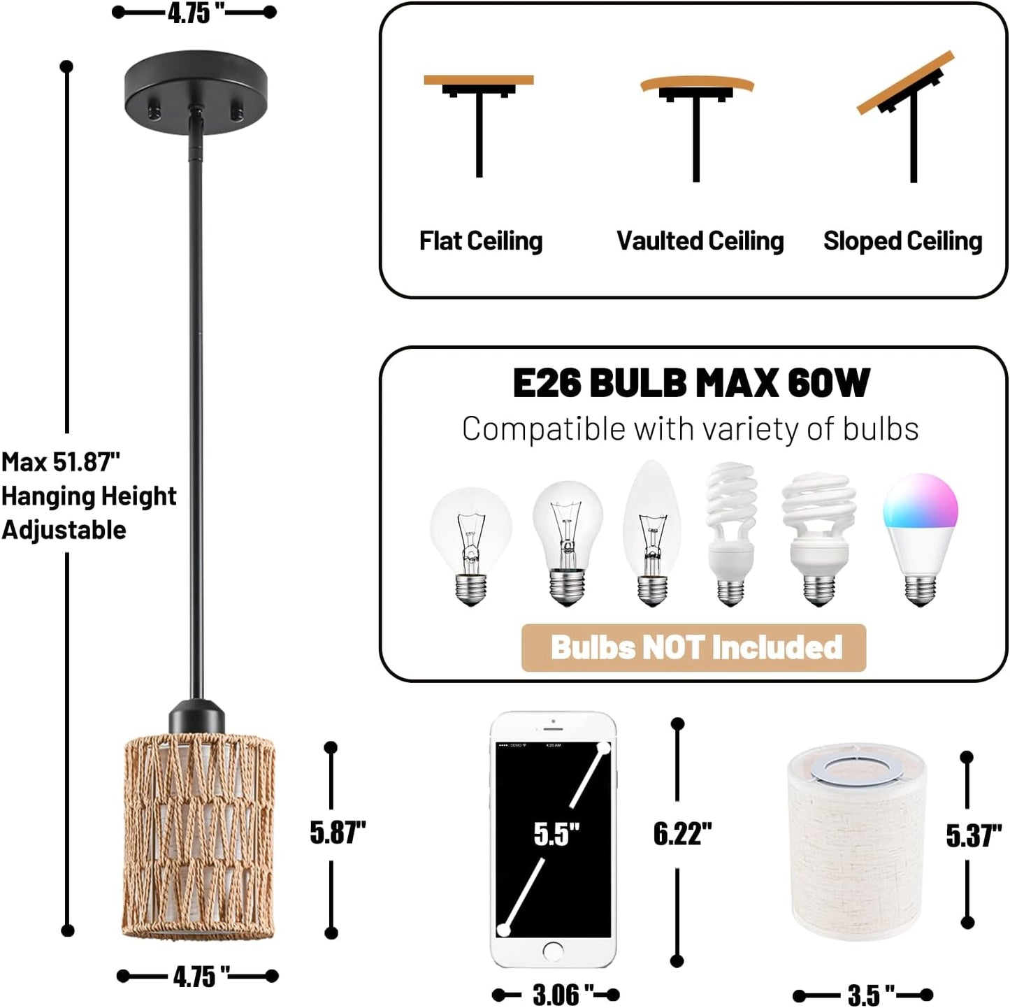 Pendant Light Boho Hanging Lamp - Rattan & Linen 2-in-1 Shade, Adjustable Hanging Lights Fixture for Kitchen Island, Dining Room, Farmhouse, Bedroom (2 Pack)