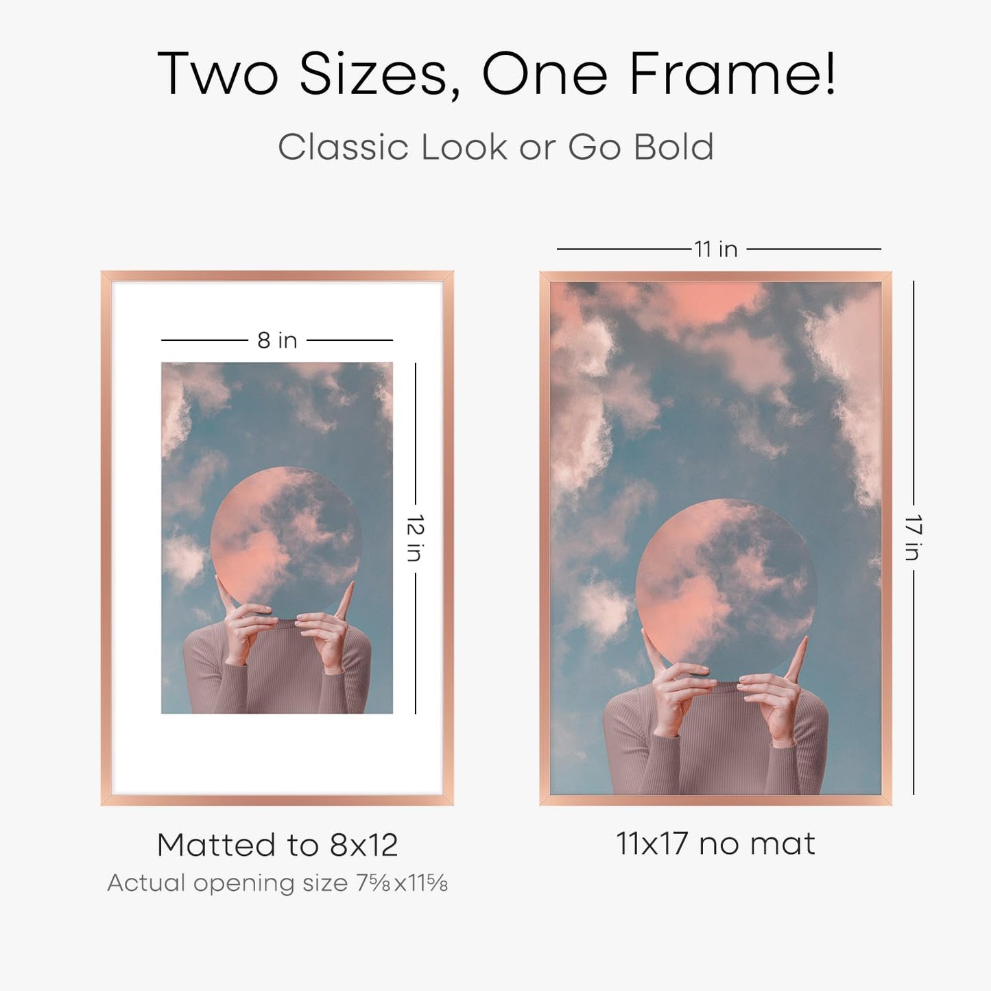 Homeforia 11x17 Picture Frame Rose Gold, High End Metal 11x17 Poster Frames with Mat 8x12 Photo, 11 x 17 Rose Gold Frames Matted to 8 by 12 Print, 17x11 Thin Frames, Tempered Glass, Wall Kit, Set of 1