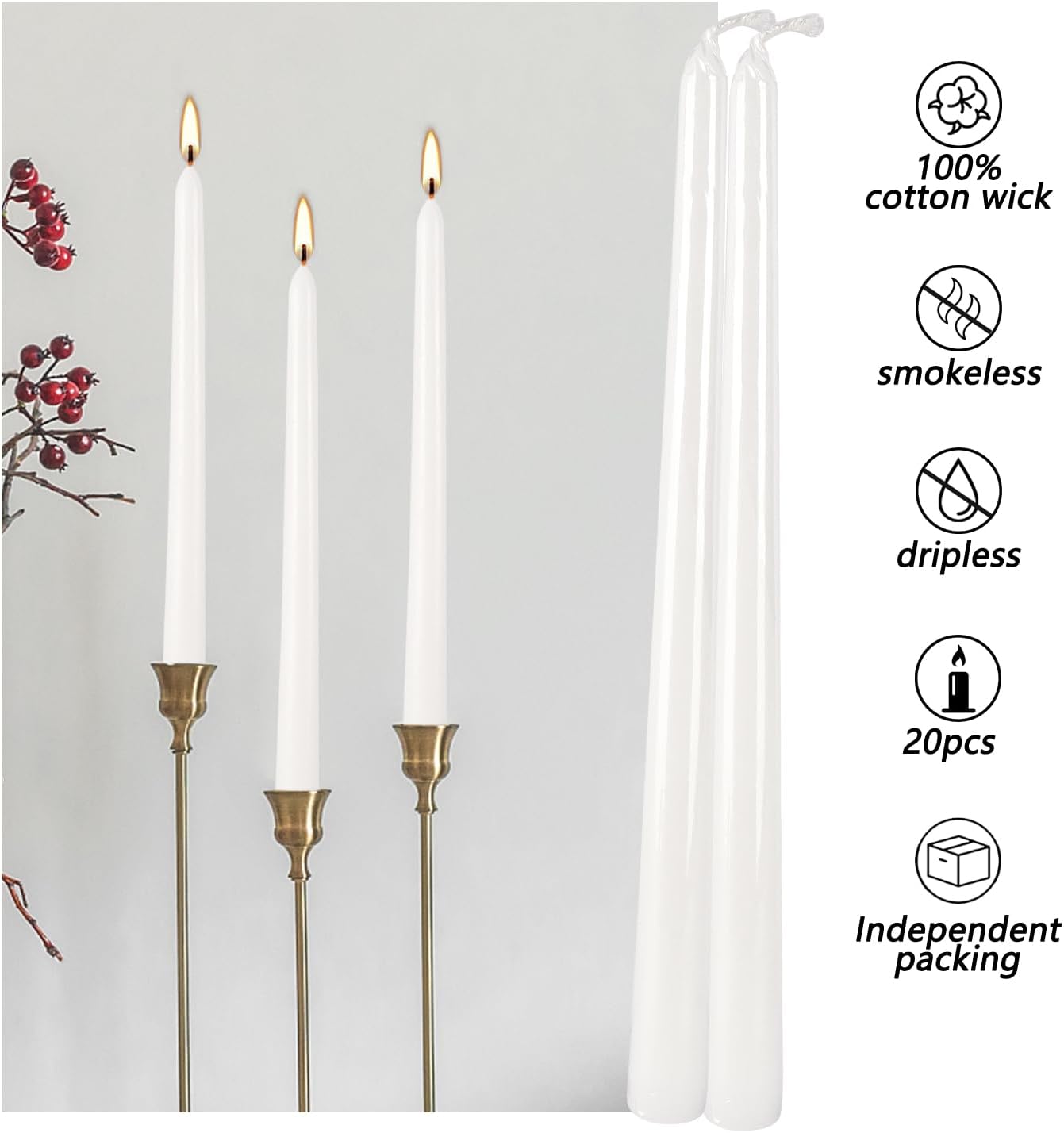 20 Pack White Taper Candles 12 Inch Tall 3/4 Inch Thick Burn 10 Hours