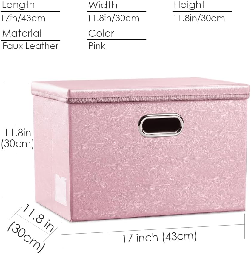 PRANDOM Large Collapsible Storage Box with Lid [1-Pack] Leather Fabric Foldable Storage Bin Organizer Container Basket Cube with Cover for Home Bedroom Closet Office Nursery Pink (17.7x11.8x11.8)