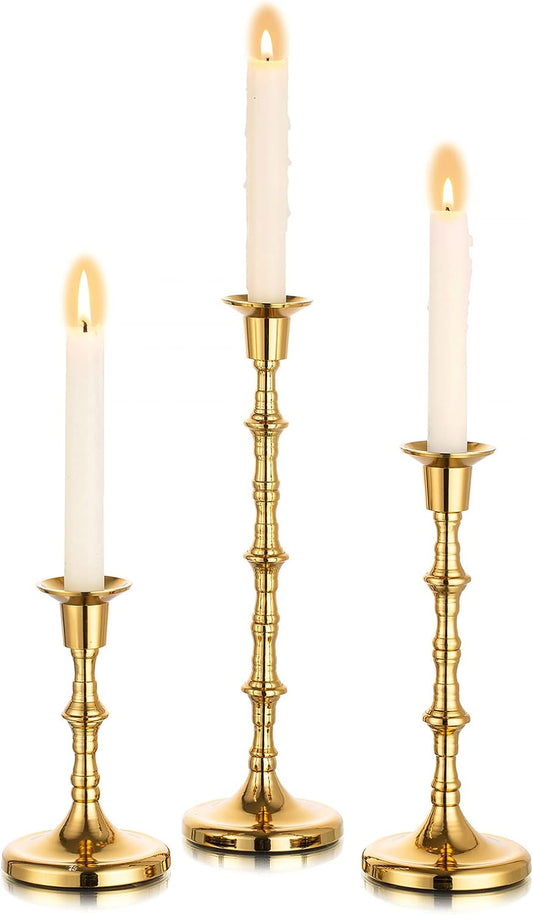 Nuptio Brass Candlestick Holders for Centerpiece: Set of 3 Gold Taper Candle Stick Holders for Home Dining Table Fireplace Decor