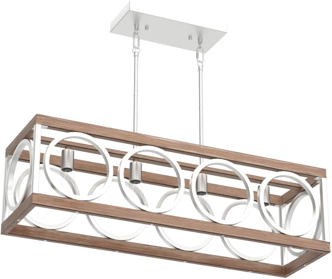 XINGQI Farmhouse Dining Room Chandeliers, Rectangle Vintage Hanging Lighting Fixtures, 4-Light Kitchen Island Lighting, Rustic Metal Chandelier Pendant Light, Antique Wood Grain XY082