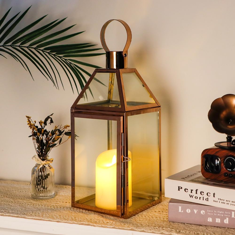 JHY Design Rose Gold Decorative Lanterns 16 inch High Stainless Steel Candle Lanterns with Tempered Glass for Indoor Outdoor Events Parities and Weddings