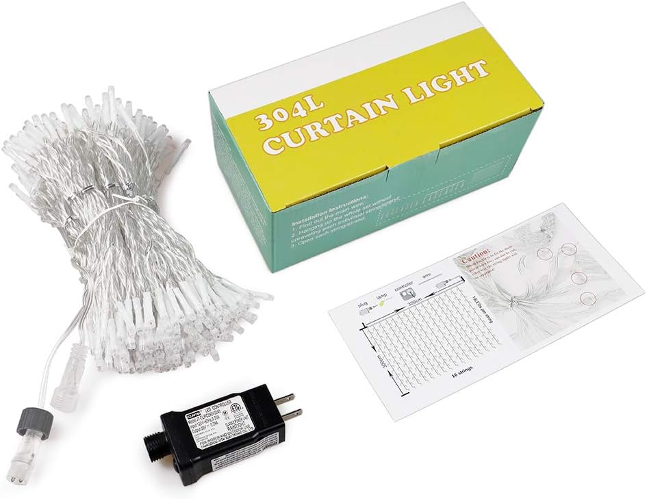 HEYFUNi Fiee Curtain Lights,304L 9.8ftX9.8ft 30V 8Modes Safety Window Lights for Home Wedding Christmas Party Patio Lawn Garden Bedroom Outdoor Indoor Wall Decorations (304LED, Blue+White)