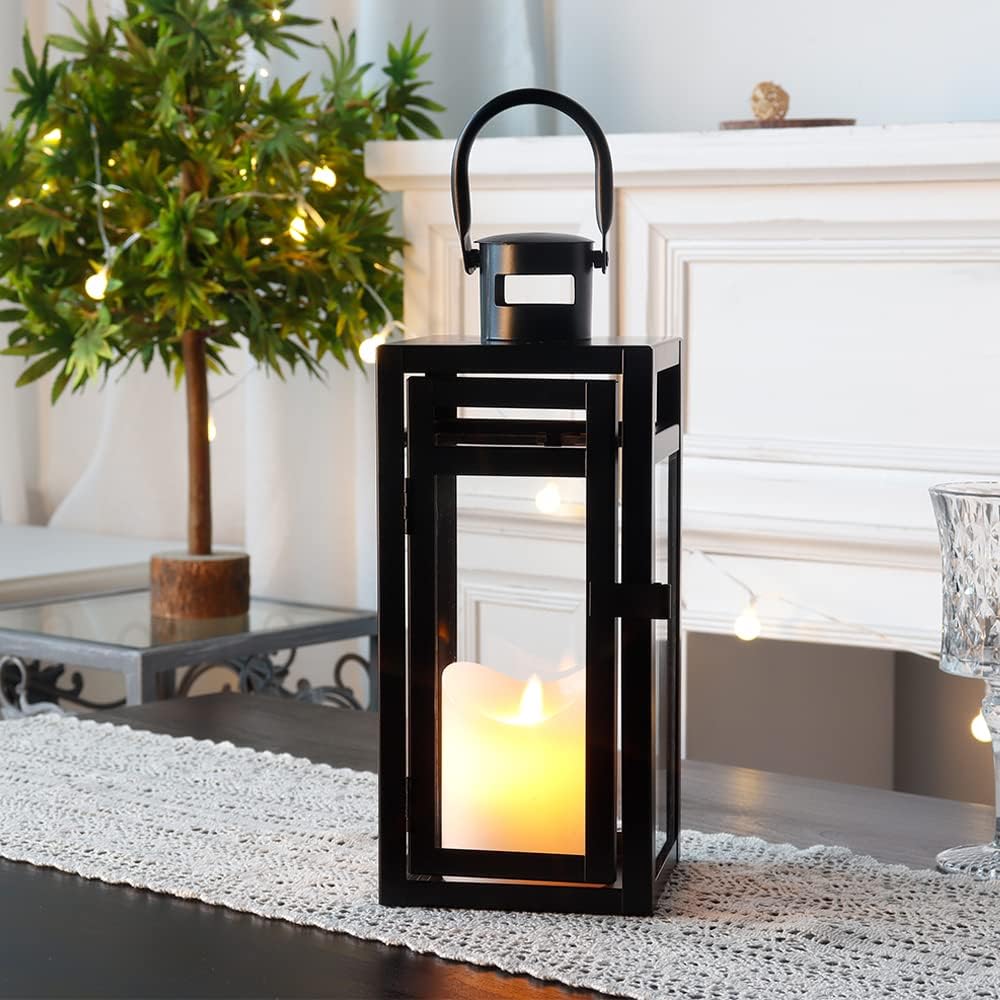TRIROCKS Metal Candle Lantern 12'' High Decorative Outdoor Lantern Hanging Lantern with Tempered Glass for Christmas Home Decor Living Room Parties Events Tabletop Indoors Outdoors (Black Matte)