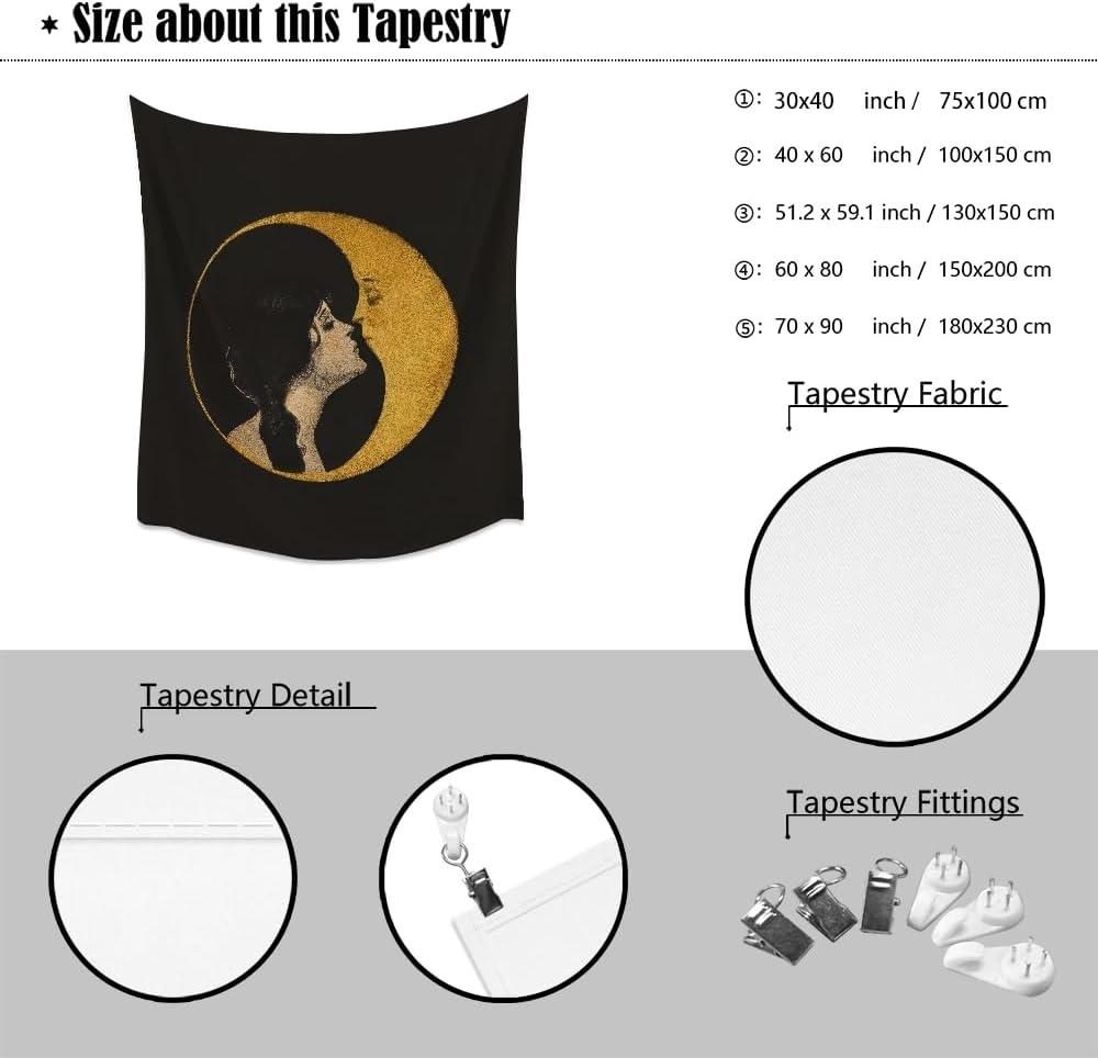 Dark Academia Woman Kissing Moon Art Tapestry Gothic Aesthetic Wall Hanging Witchy Picture Print Moon Goddess Tapestries Wall Decor for Living Room Bedroom Dorm 70x90inch