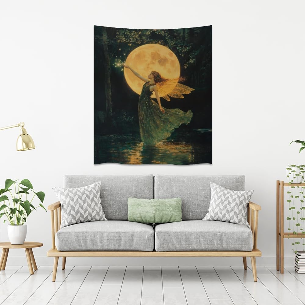 Whimsical Fairy Tapestry Fantasy Moonlight Fae Goddess Print Moody Gothic Aesthetic Wall Hanging Magical Forest Pictures Dark Cottage Witchy Tapestries for Girls Room Bedroom 40x60inch