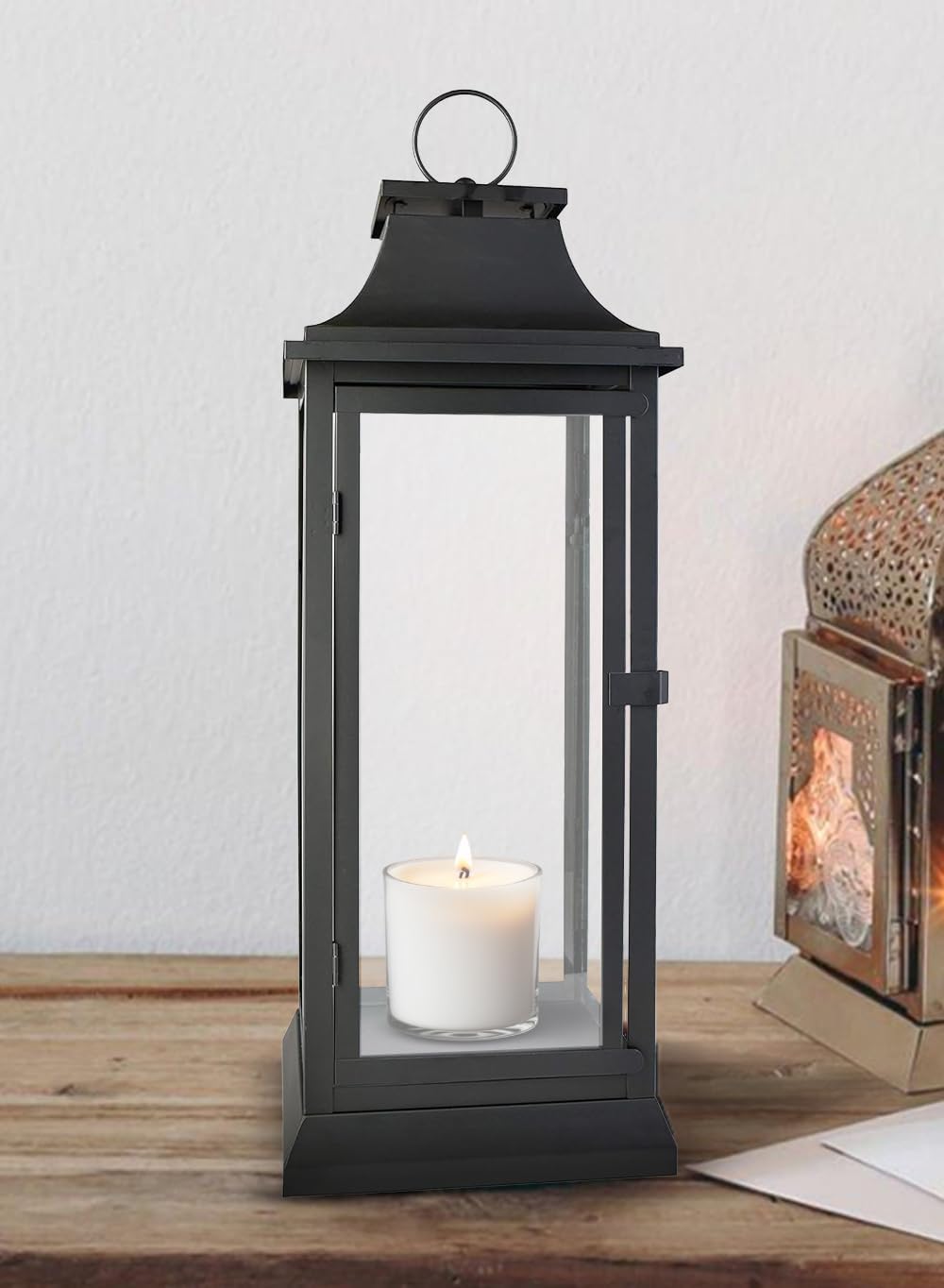 Serene Spaces Living 25" Tall Black Decorative Hurricane Lantern with Clear Glass Panels - Indoor Lantern and Outdoor Lantern for Porch, Events, Parties, & Table Top Decor - Extra Large Lantern