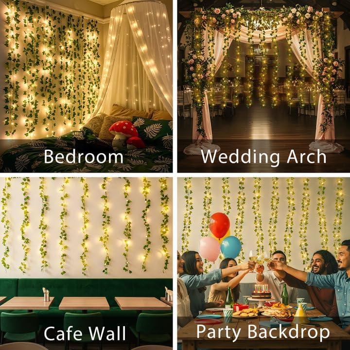 suddus 200 LED Vine with Light Plug in, 6.5ft x 6.5ft Ivy Fairy Curtain Lights with Remote, Leaf Fairy Lights for Wall,Bedroom, Dorm, Wedding, Party, Indoor Decor(Warm White)