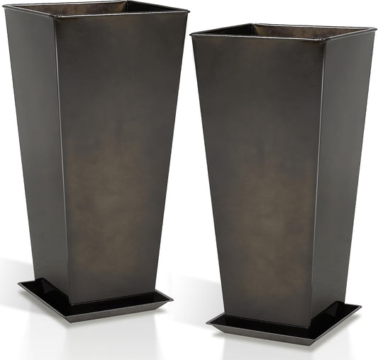 WORTH Garden 25" Large Metal Glazed Planter Set of 2, Luxurious Glossy Finish Black Tall Square Tapered Steel Plant Pots, Decor Flower Pot Indoor & Outdoor, Drainage Hole & Dual-Purpose Plant Saucer