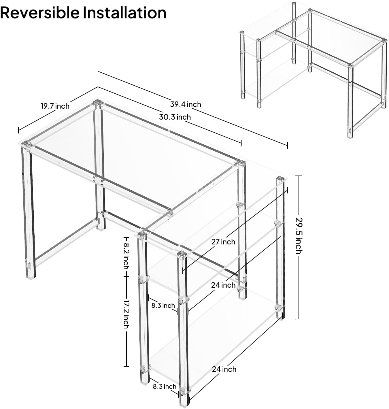 Eglaf Acrylic L-Shaped Desk - Clear Desk with Reversible Storage Shelves - Modern Home Office Desk Corner Desk for Study, Writing, Rectangular Legs, Easy Assembly, 39.4" L x 27''W x 29.5" H