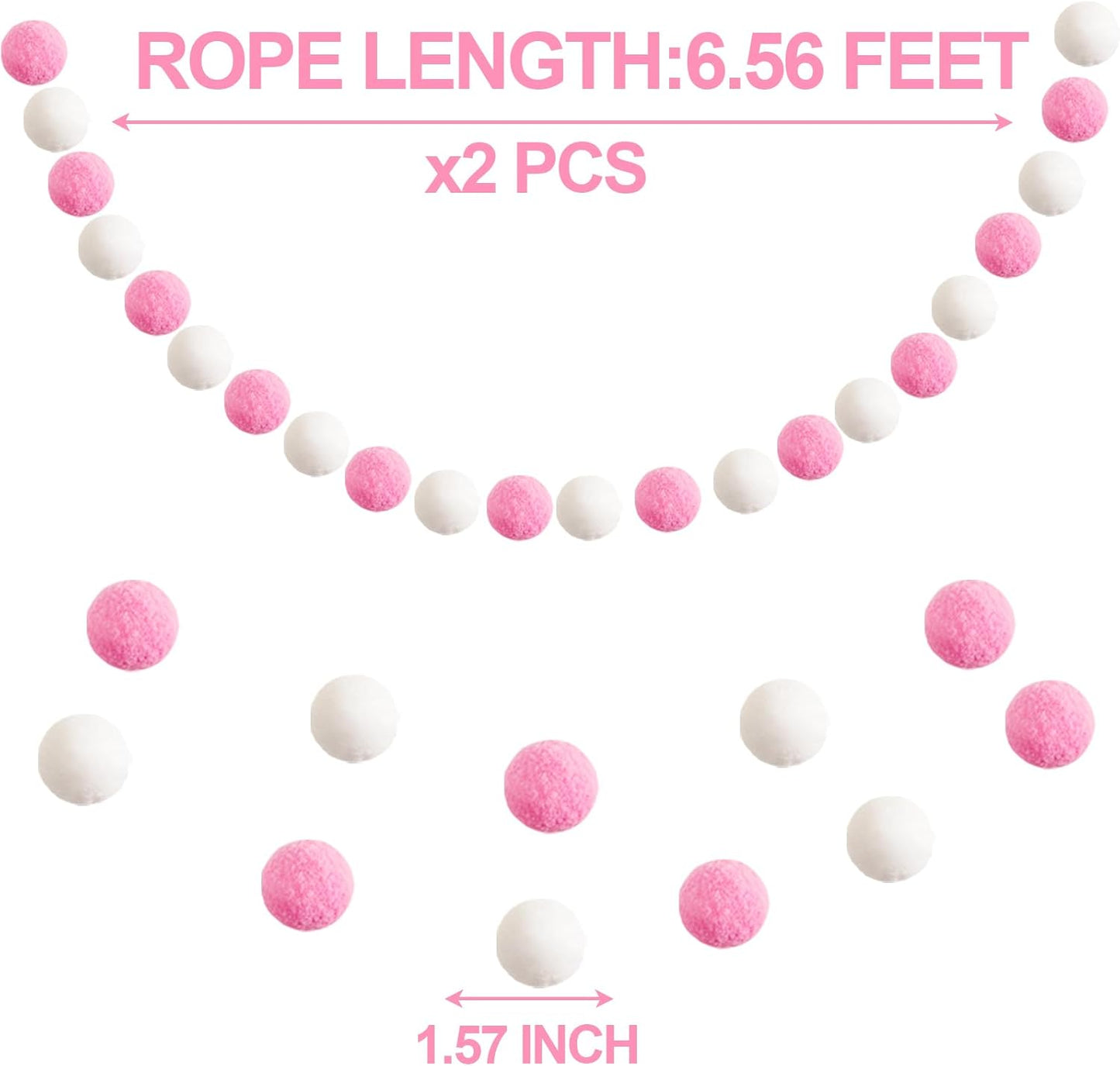 XmasExp Pom Pom Garland Decorations - Large Pink Felt Ball Garland for Baby Shower, Gender Reveal, Mantle,Tree Ornaments, Kids Room and Party Hanging Decor,13 Ft. (Pink, 1.57")