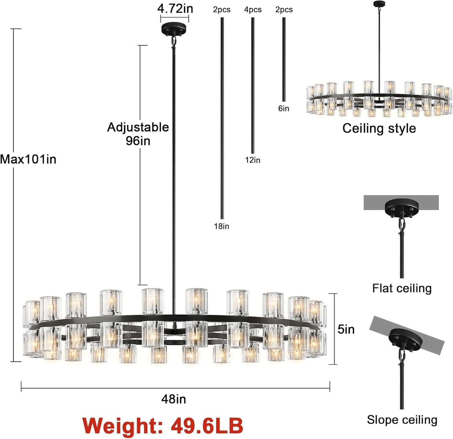 Modern 48 in Black Round Chandelier Light Fixture, Crystal Chandeliers for Dining Room, Living Room, Wagon Wheel Chandelier Over Table Chandeliers for Bedroom,Foyer,Includes 48xG4 Bulbs