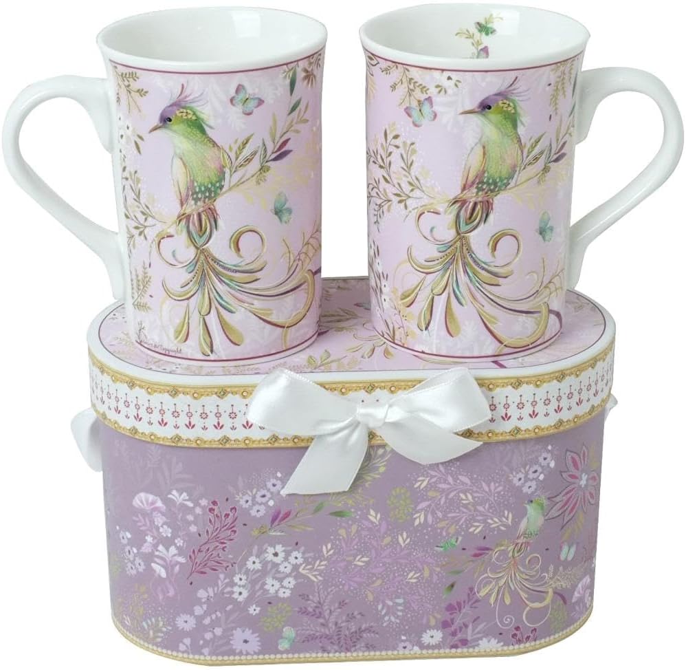 Lightahead Elegant Bone China Two Coffee Mugs Set in Bird Design 10.8 oz Each Cup in Attractive Gift Box