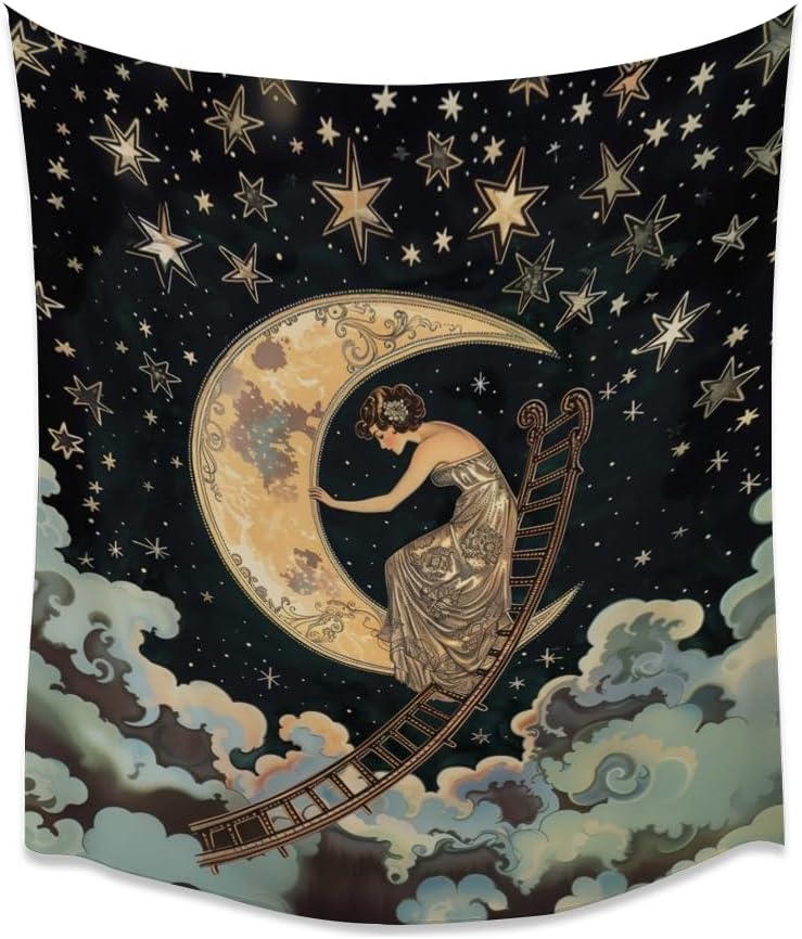 Dark Academia Gothic Aesthetic Tapestry ladder to The Moon and Stars Wall Hanging Print Trendy Vintage Art Nouveau Tapestries Decor for Home Bedroom Living Room 30x40inch