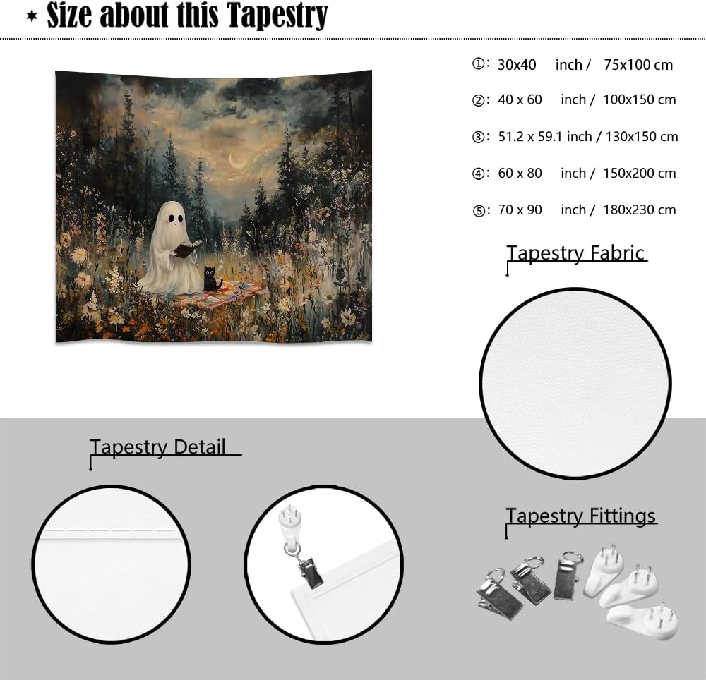 Halloween Ghost and Black Cat Tapestry Wall Hanging Spooky Ghos Reading Book in Wildflowers Wall Decor Halloween Witchy Room Aesthetic Tapestries for Goth Living Room Bedroom Decoration 40x60inch