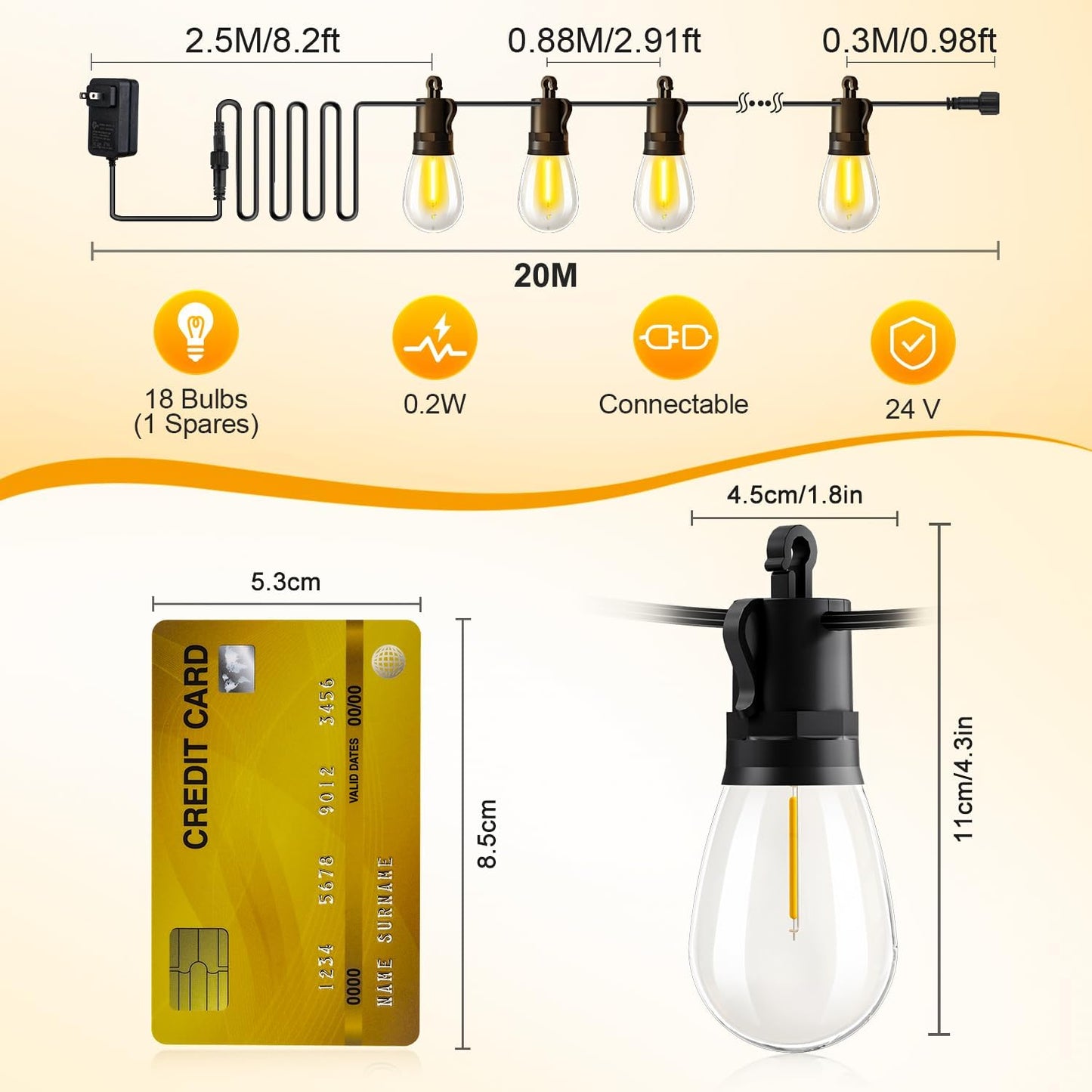 Outdoor String Lights Patio LED Light Outside - 20M 18+1 S14 LED with Remote Control 65ft Porch Lighting IP65 Waterproof