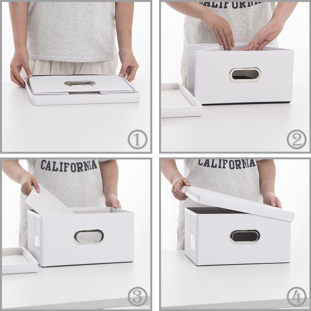 PRANDOM Collapsible Storage Box with Lid [1-Pack] Leather Fabric Foldable Storage Bin Organizer Container Basket Cube with Cover for Home Bedroom Closet Office Nursery White (13.6x9.6x6.9)
