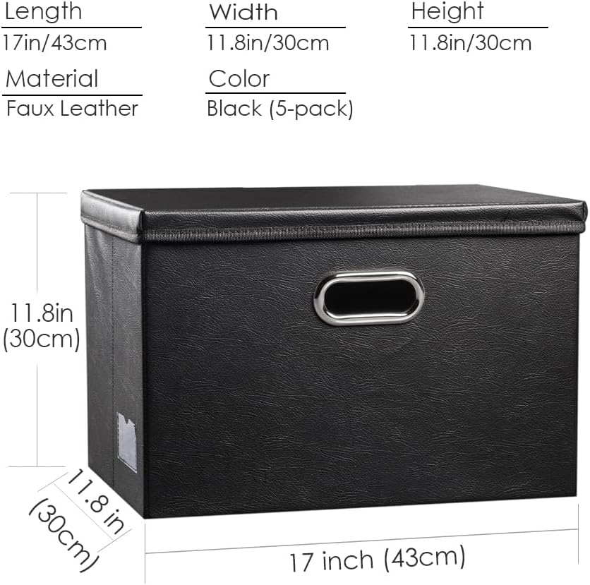 PRANDOM Large Stackable Storage Boxes with Lids [5-Pack] Leather Fabric Foldable Storage Bins Organizer Containers Baskets Cubes with Cover for Bedroom Closet Office Nursery Black(17.7x11.8x11.8)