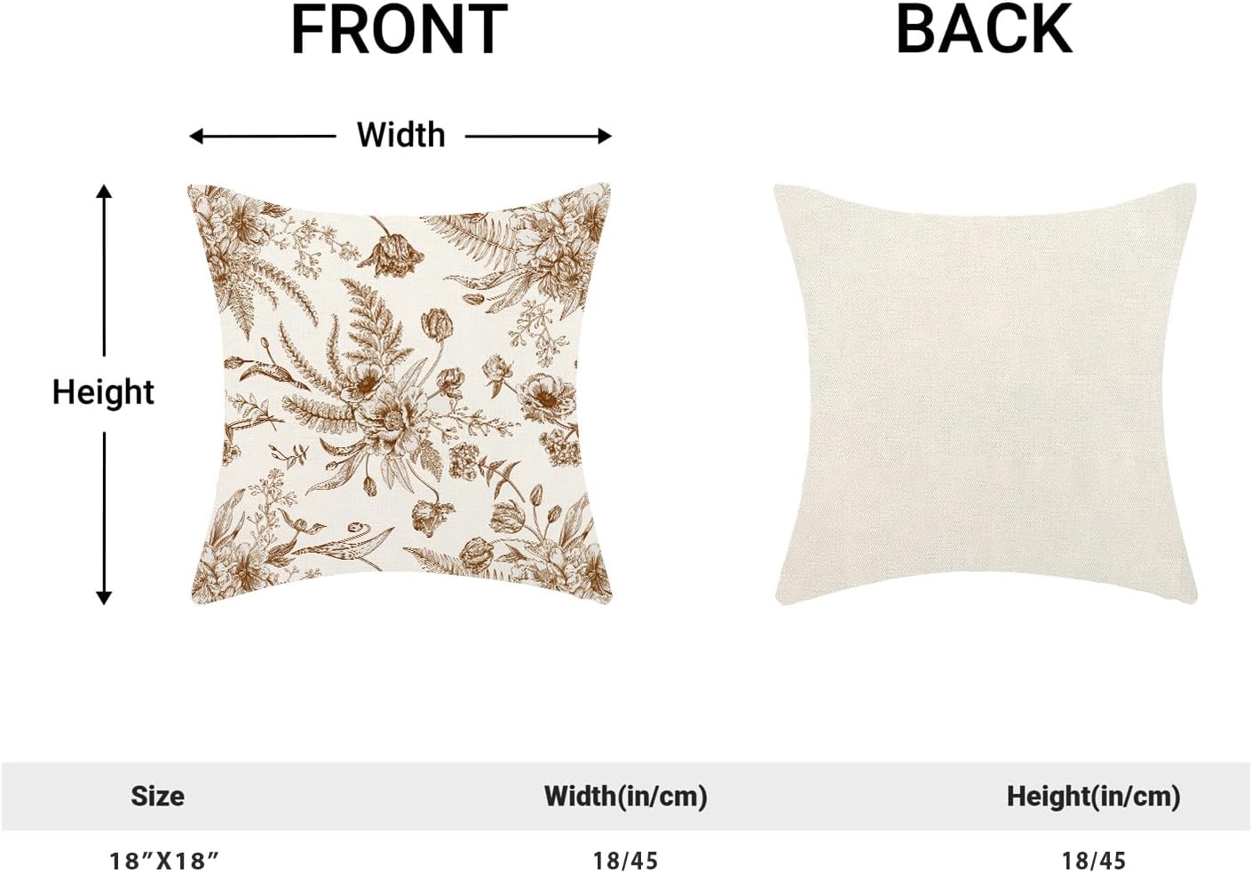 CXMEIFLY Spring Floral Leaves Pillow Covers 18 x 18 Inch Set of 2 for Chinoiserie Flowers Decor Throw Pillows Brown and White Seasonal Plant Outdoor Decorative Cushion Cases for Couch Bed Decorations