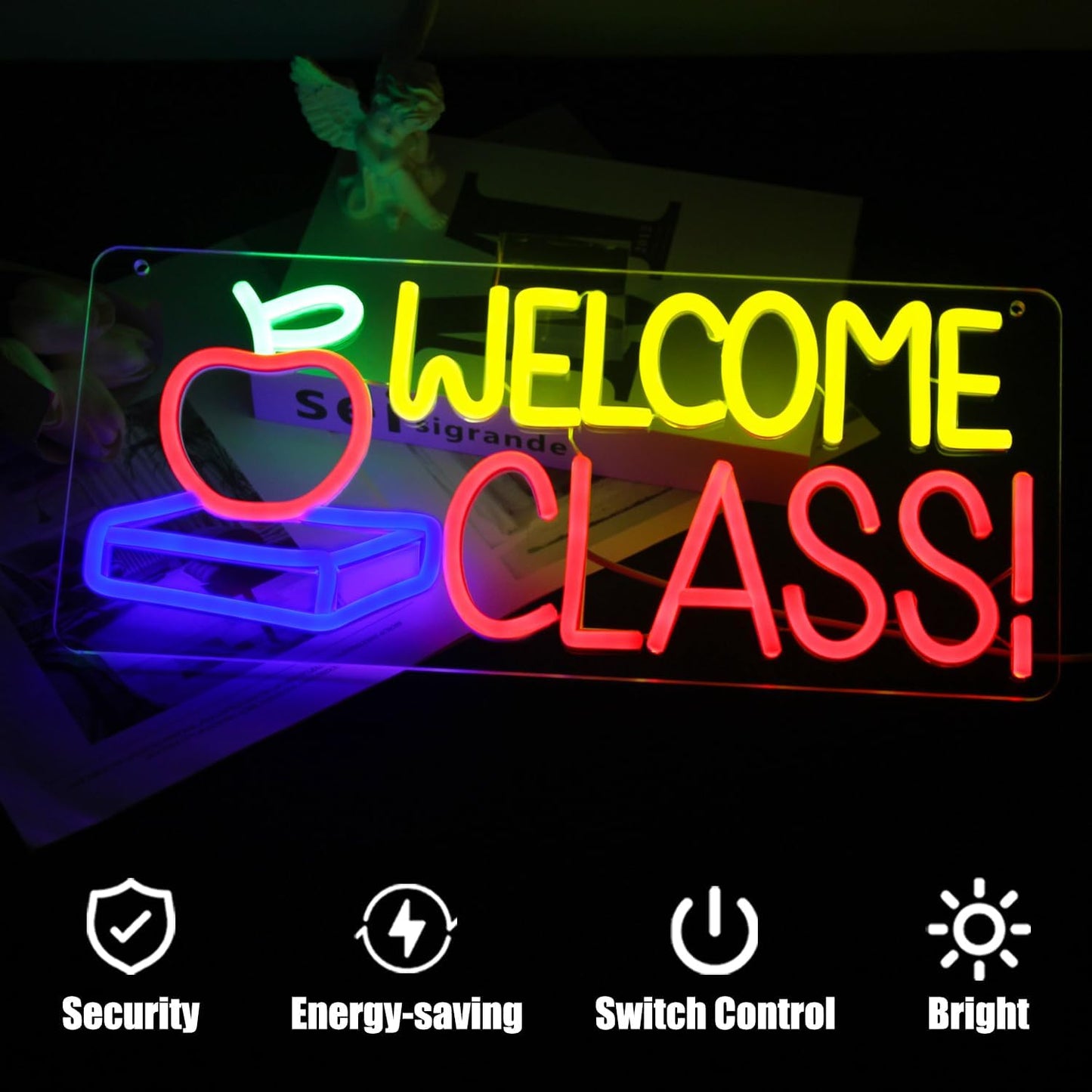 Welcome Class Neon Sign Student Classroom Neon Lights Apple Book LED Signs for Wall Colorful Back to School Wall Art Neon Light Up Signs for Classroom School Opens Party Decorations