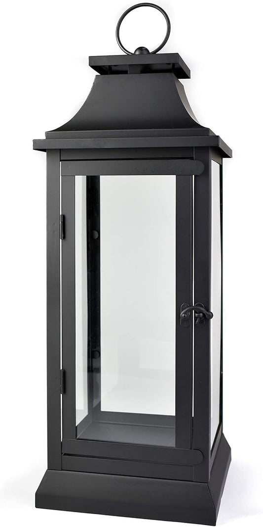 Serene Spaces Living Black Metal Hurricane Lantern with Clear Glass Panels – Hanging or Tabletop Decorative Lantern for Indoor & Outdoor – Weddings, Parties, Home Decor, 20" Tall & 7.75" Square