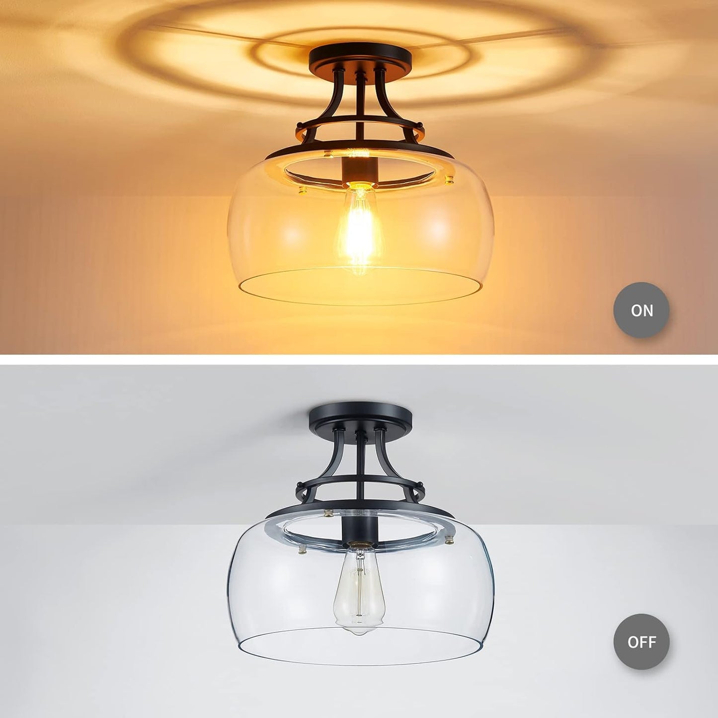 WUZUPS Chandelier Rustic Farmhouse Industrial Round Semi-flushmount Ceiling LED Light Fixture with Clear Glass Shades for Bathroom Kitchen Foyer Entryway, H 11.8" x W 13.4", E26 Base, Black