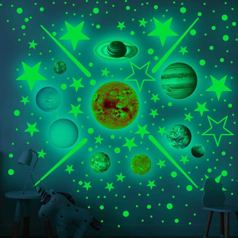 Quanhaigou Glow in The Dark Stars and Planets, Bright Solar System Wall Stickers -Glowing Ceiling Decals for Kids Room,Shining Space Decoration