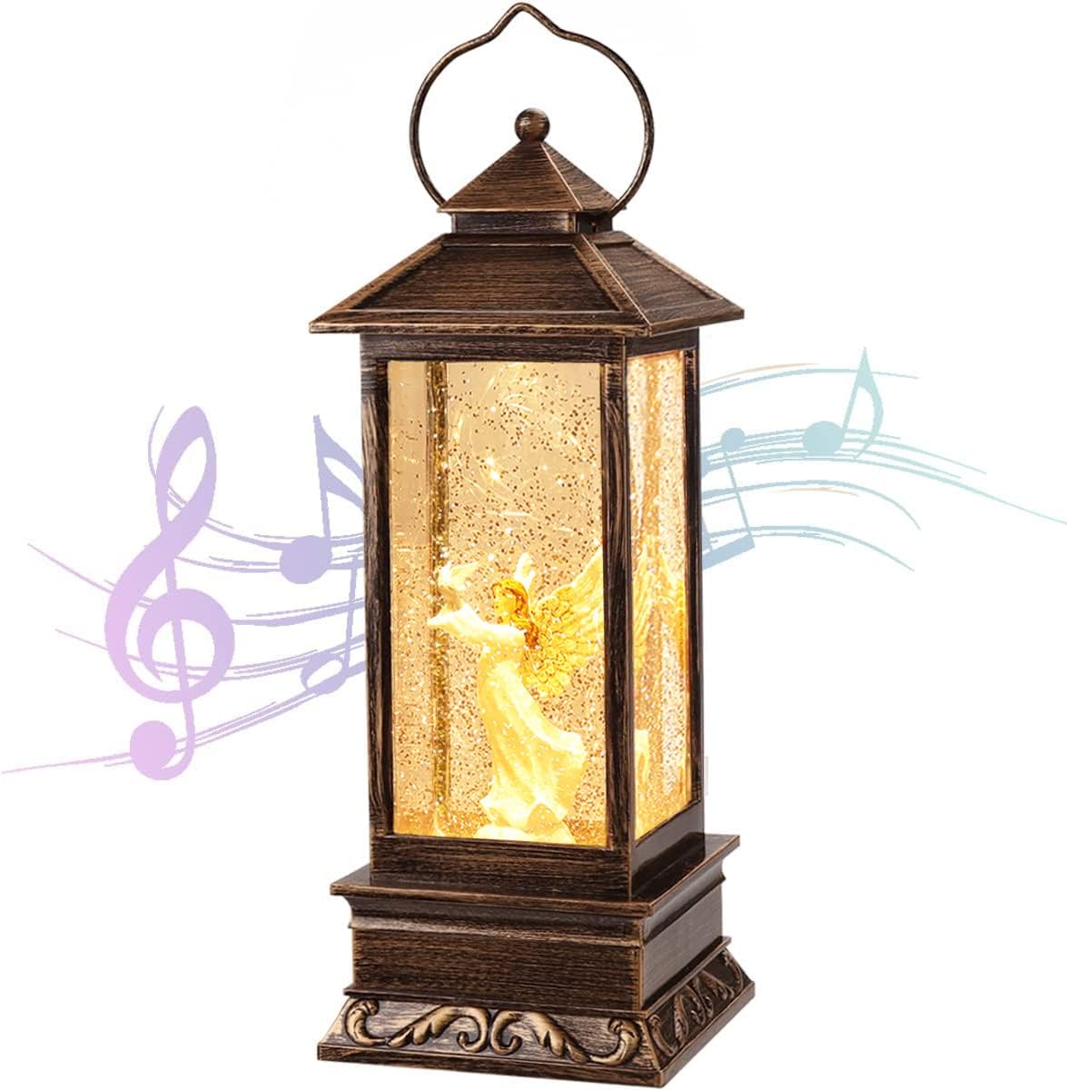 Christmas Decorations Snow Globe Lantern,Christmas Lantern with 8 Christmas Theme Music,Christmas Snow Globe Gifts Water Glittering Swirling Christmas Home Decoration（Dove Angel）
