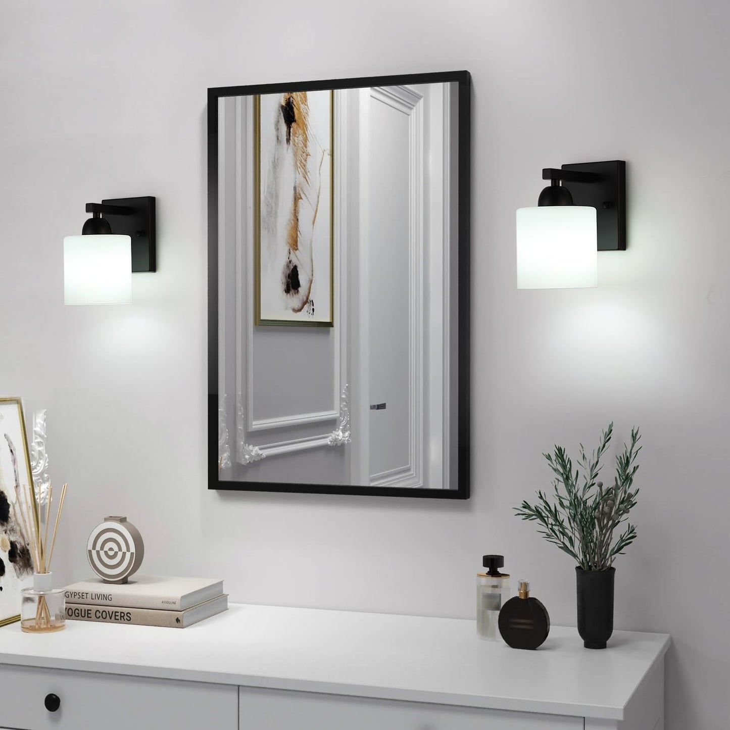 Matte Black Milk Glass Wall Sconces, 1 Pack Hardwired Indoor Wall Light Fixtures for Living Room, Hallway, Bedroom, Ceramic E26 Sockets (Bulbs Not Included)