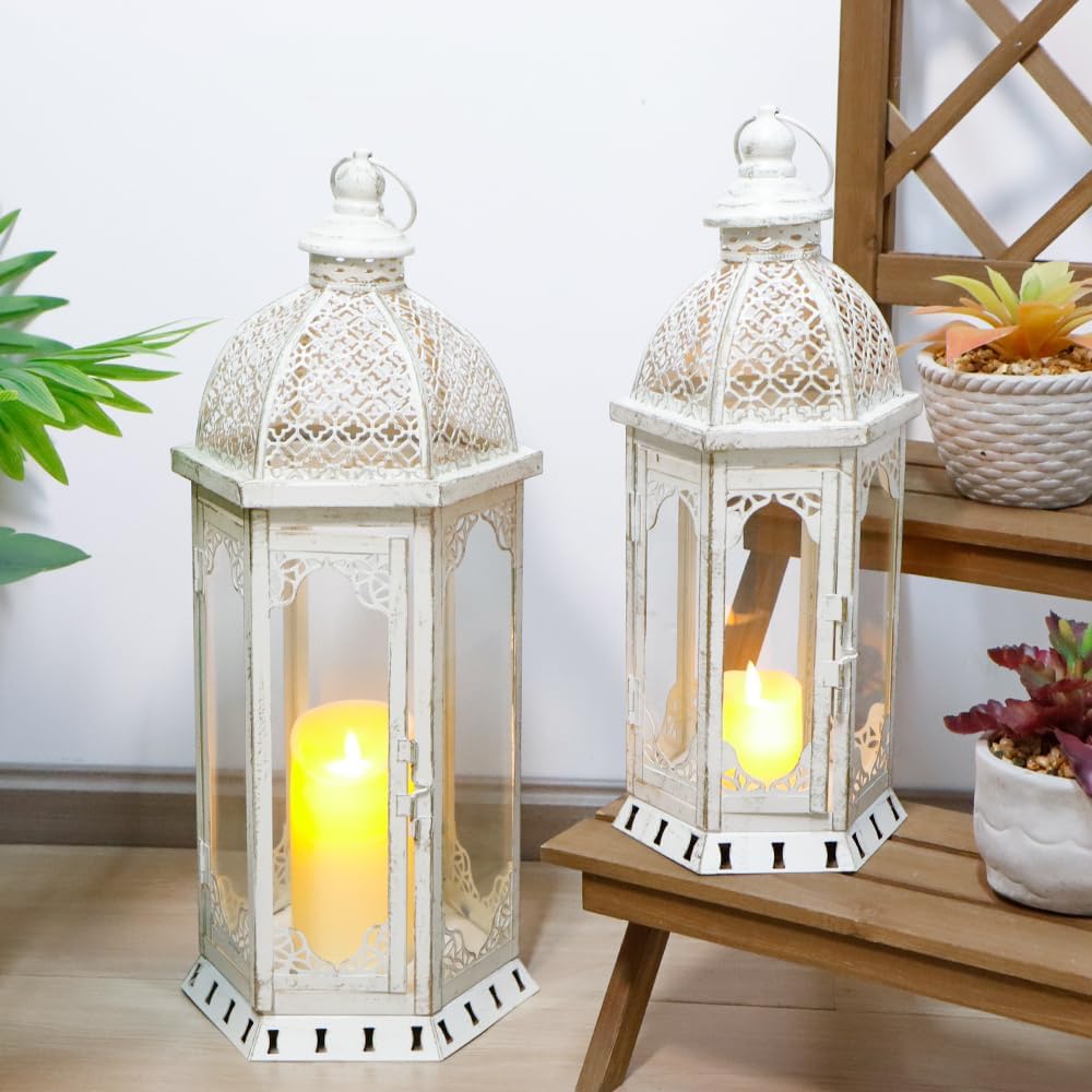 JHY DESIGN Set of 2 Decorative Candle Lanterns 22"&17" H Outdoor Vintage Metal Candle Holder for Garden Living Room Indoor Parties Weddings Patio Home Decor(White with Gold Brush)