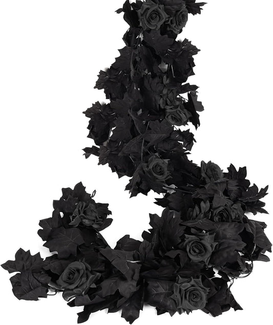 RECUTMS Black Artificial Flower Garland Fake Rose Vine Hanging Rose Vines Fall Maple Garland with Floral,Black Hanging Flowers for Gothic Wedding Decor Autumn Party Halloween Decor