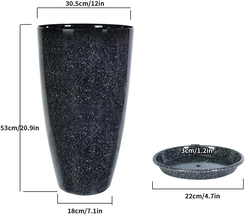 2 Pcs Pack 21 Inches Plastic Resin Tall Tapered Planter Pots Large Round Planter Flower Pot with Drainage Holes for Indoor Outdoor Deck Porch Garden Home Patio Front Door (Black, L)