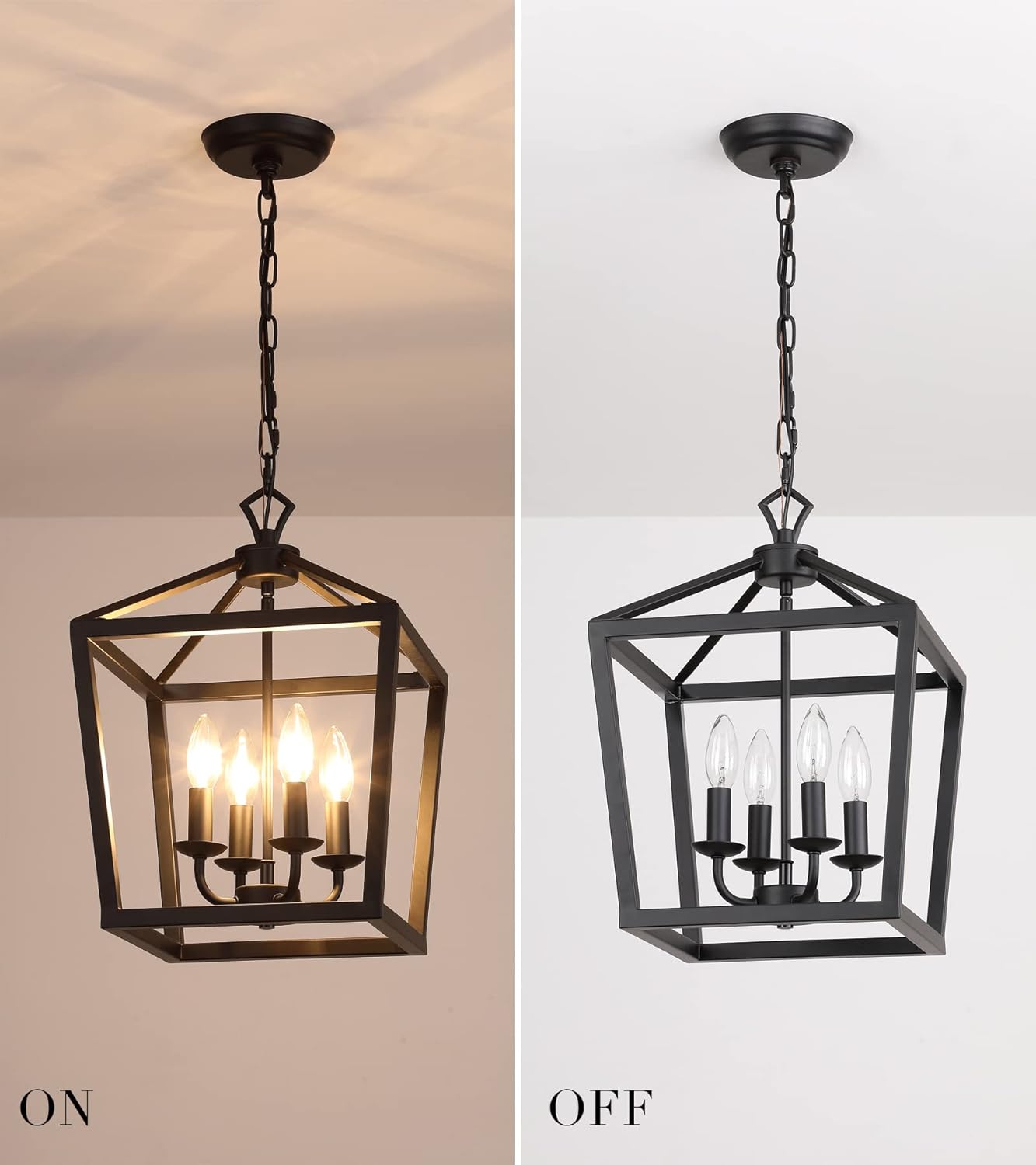 AMZASA Farmhouse Rustic Black Lantern Chandelier Hanging Light Fixture 4-Lights for Kitchen Island Dining Room Hallway Entryway Foyer UL Listed
