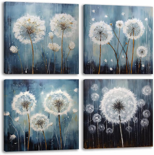 RUISHI Canvas Wall Art For Bathroom Abstract Dandelion Painting for Living Room Girls Bedroom Modern Abstract Flower Prints Artwork Home Office Decoration 12L x 12W