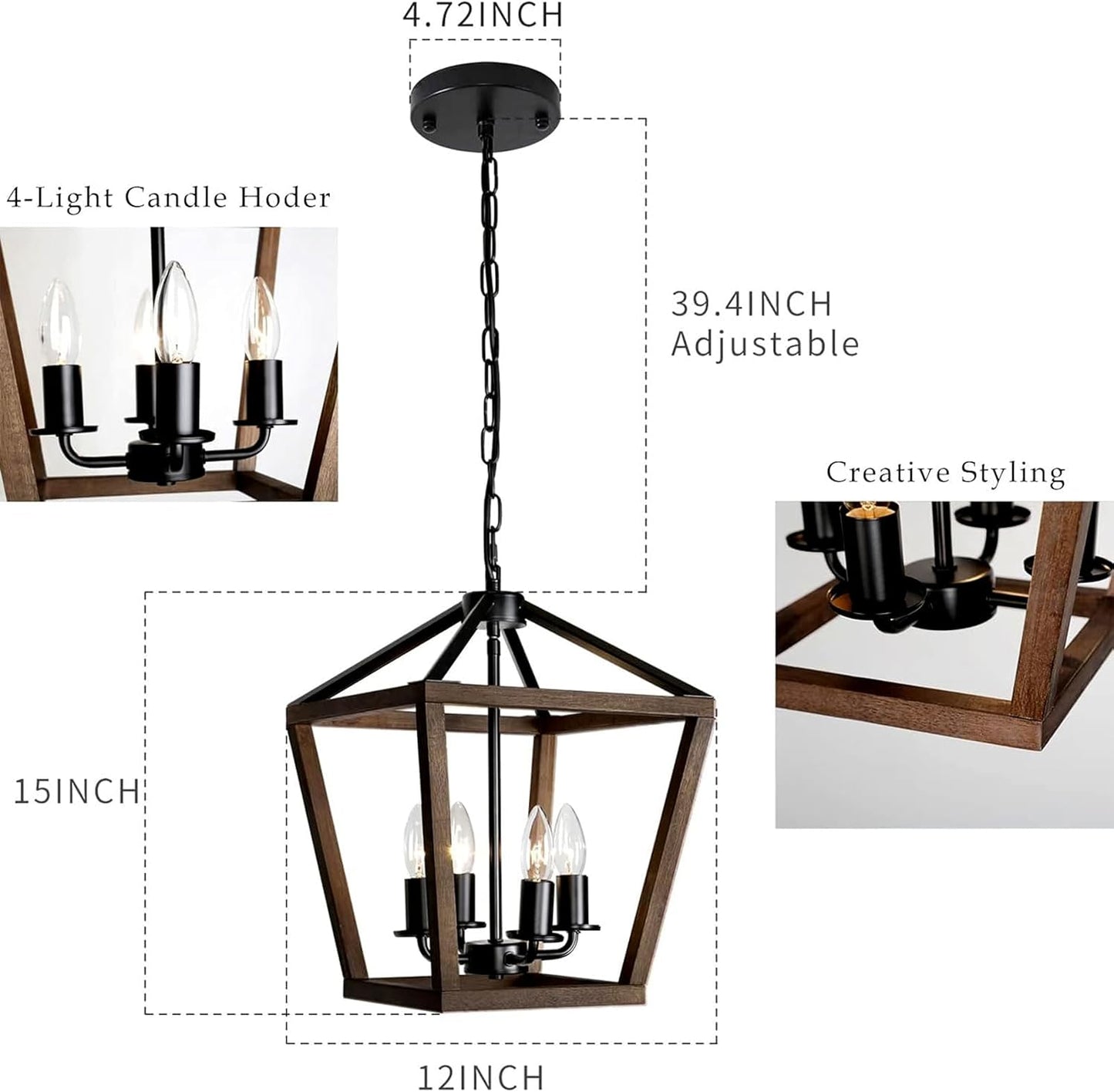4-Light Lantern Pendant Light,Black Wood Cage Farmhouse Chandelier for Kitchen Island,12'' Rustic Metal Geometric Hanging Lighting Fixture for Kitchen Island Dining Room Bedroom Foyer Entry