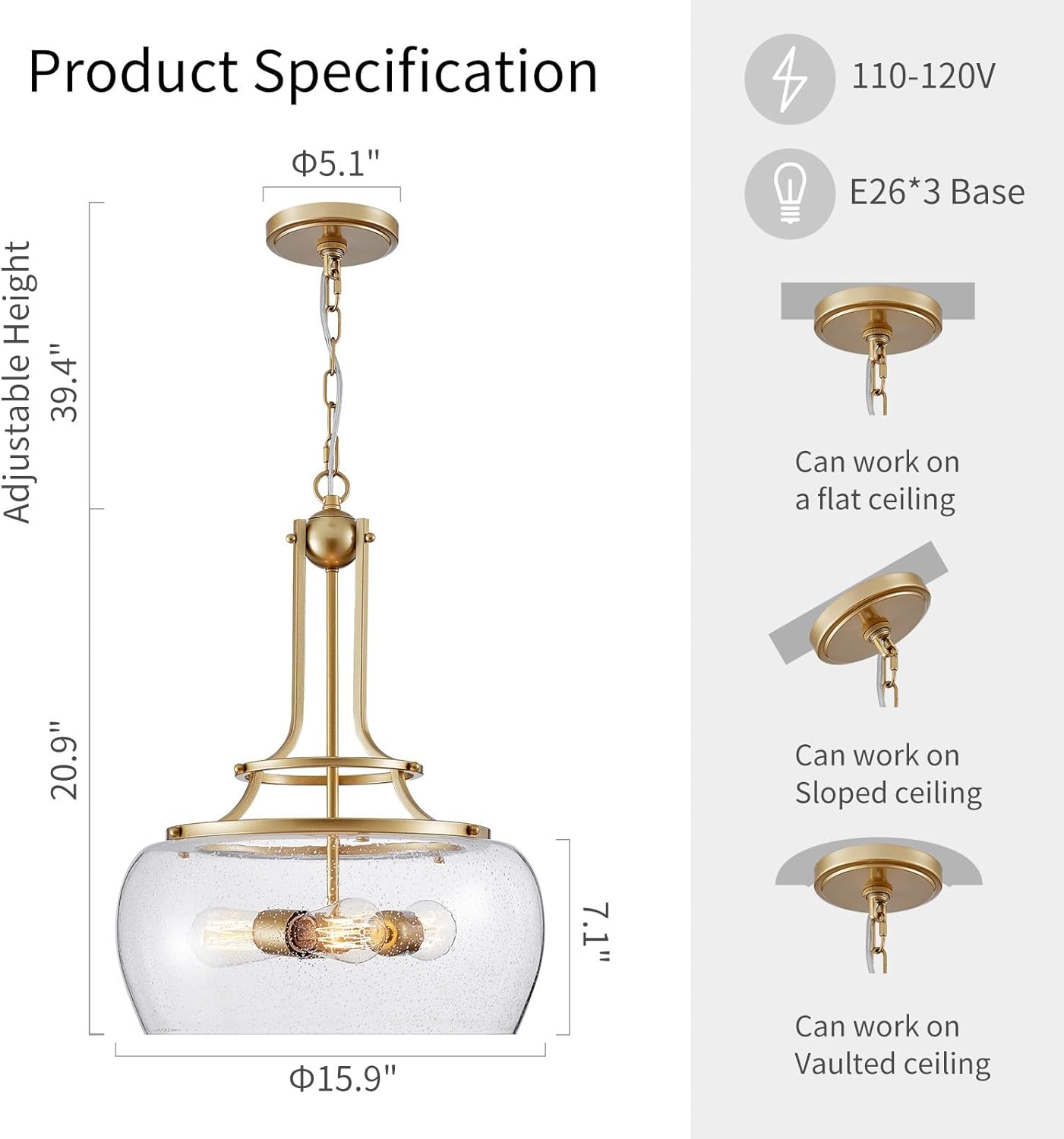 WUZUPS Chandelier Rustic Farmhouse Industrial Round Ceiling Pendant LED Light Fixture Clear Seeded Glass Shade for Dining Room Kitchen Island Foyer Entryway, H 20.9" x W 15.9", Gold