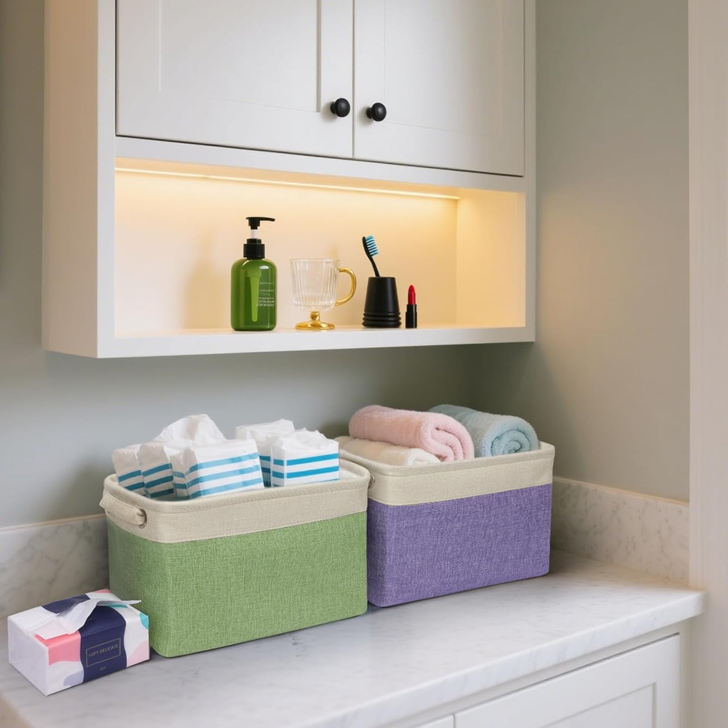 BALEINE 4 Pack Fabric Storage Bins for Shelves, Linen Storage Baskets for Organizing, Decorative Closet Bins for Clothes, Home (Lavender, 12"x8"x8")