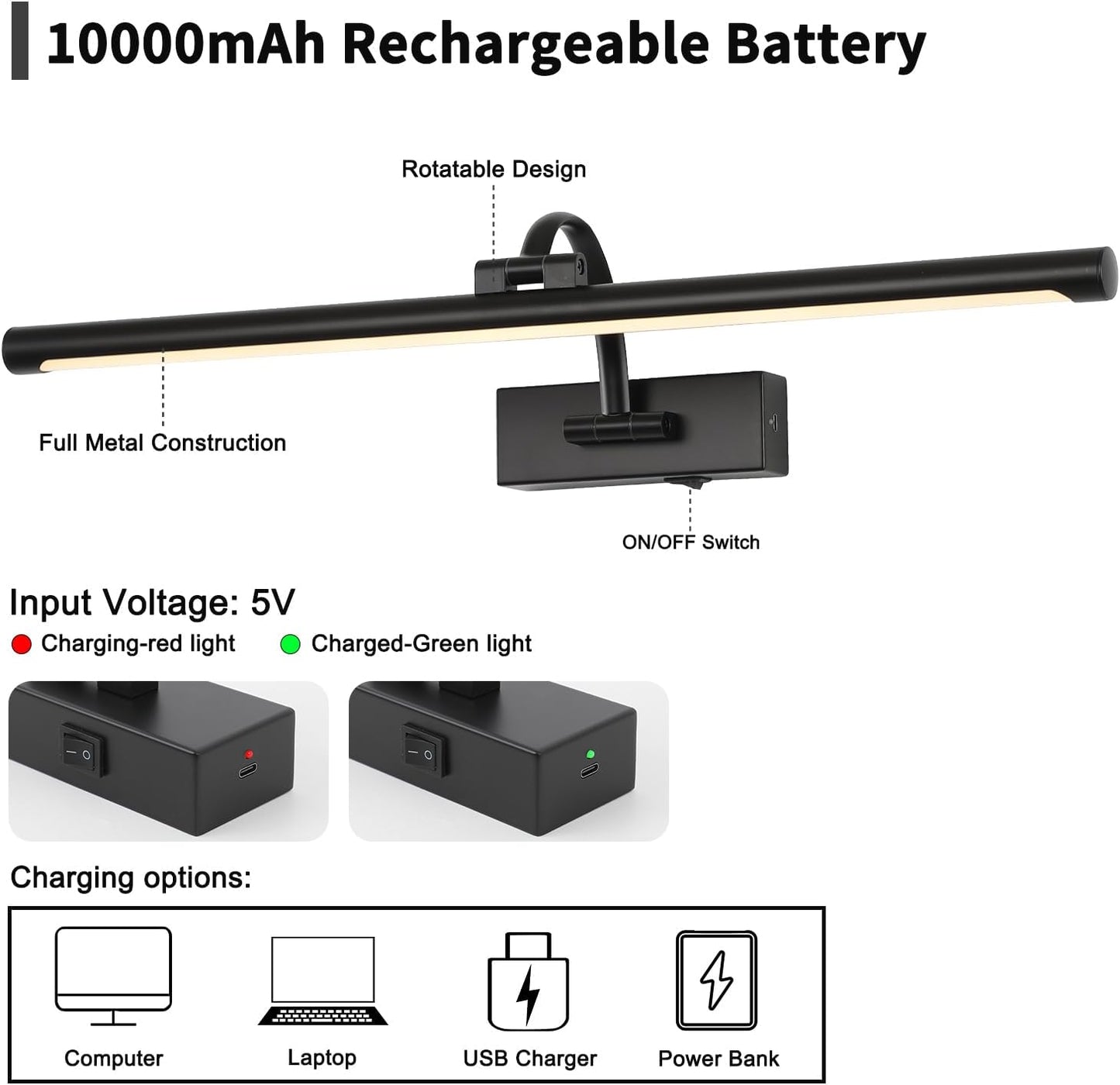 Dimmable Black Picture Lights with Remote and Timer Wireless Art Lights Rechargeable Gallery Lighting for Canvas Portrait 24'' Inch 5W Warm White