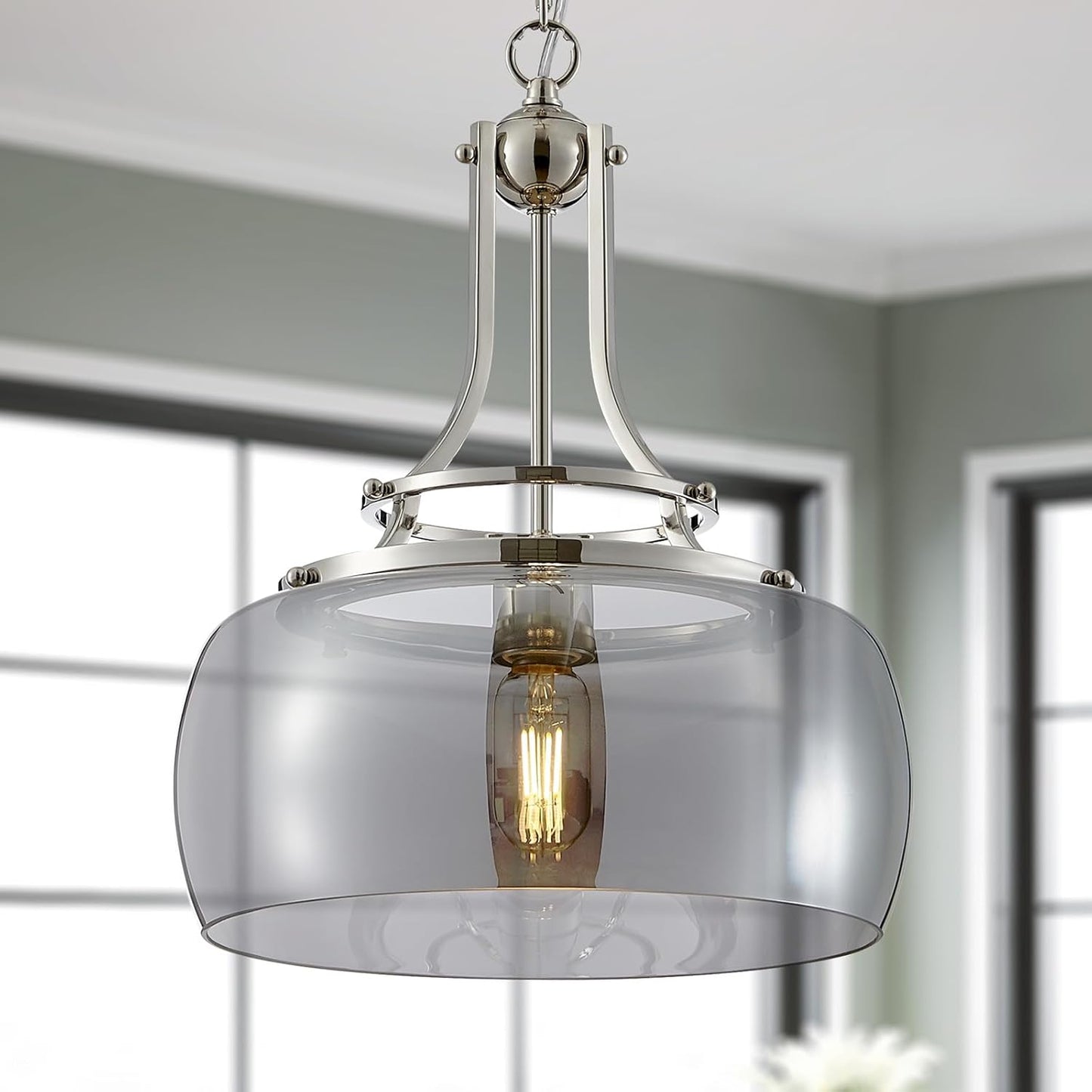 WUZUPS Nickel Chandelier Rustic Farmhouse Industrial Round Ceiling Pendant LED Light Fixture with Electroplated Gray Glass Shade for Dining Room Kitchen Island Foyer Entryway, H 17" W 13.4", E26 Base