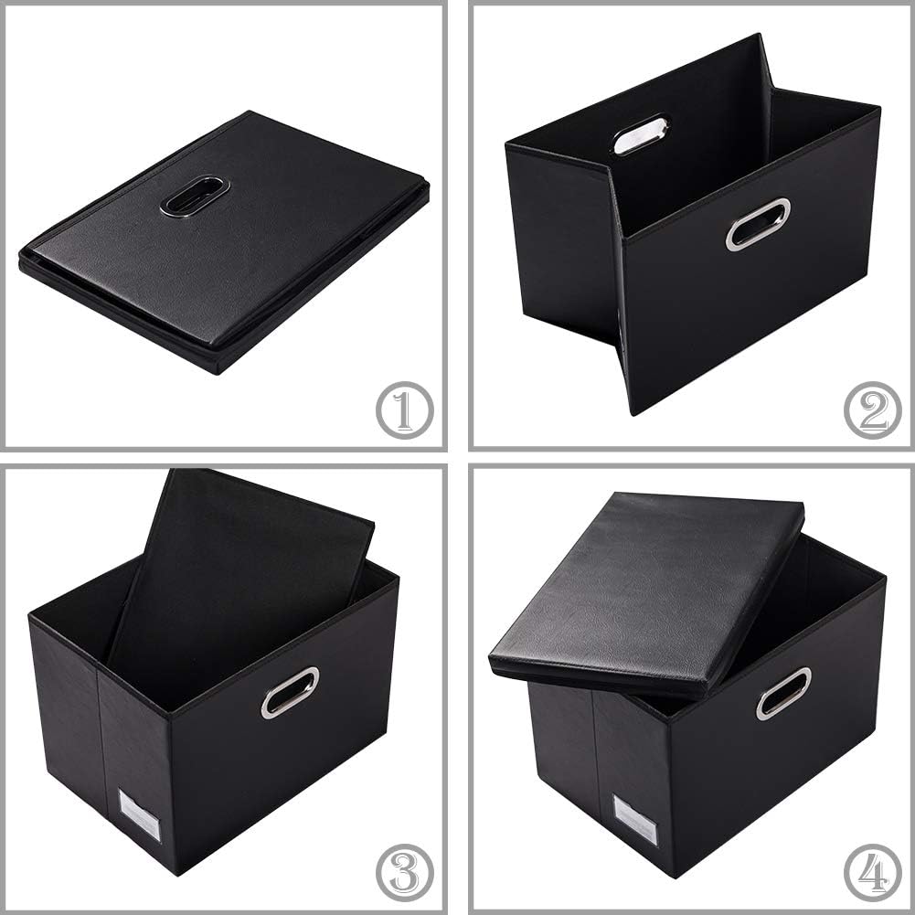 PRANDOM Collapsible Storage Bins with Lids [3-Pack] Leather Fabric Foldable Storage Boxes Organizer Containers Baskets Cube with Cover for Bedroom Closet Office Nursery Black (14.9x10.8x10)