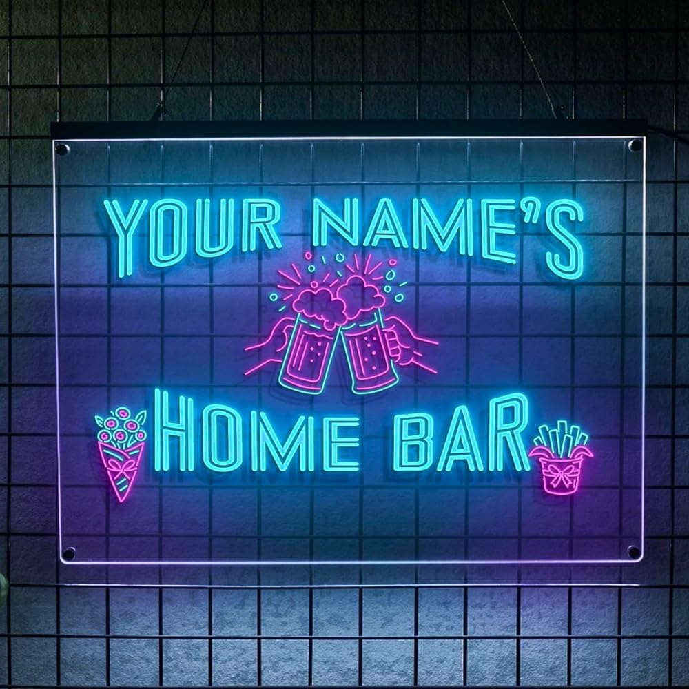 Personalized Home Bar Neon Sign LED Light Up Bar Wall Decor with Beer Mugs and Snacks Icons for Home Pub Kitchen Lounge Man Cave Party Room Custom Name Gift